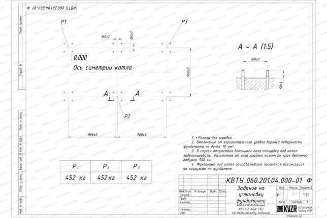 Котел на угле дровах 0.7 МВт с колосниками фундамент